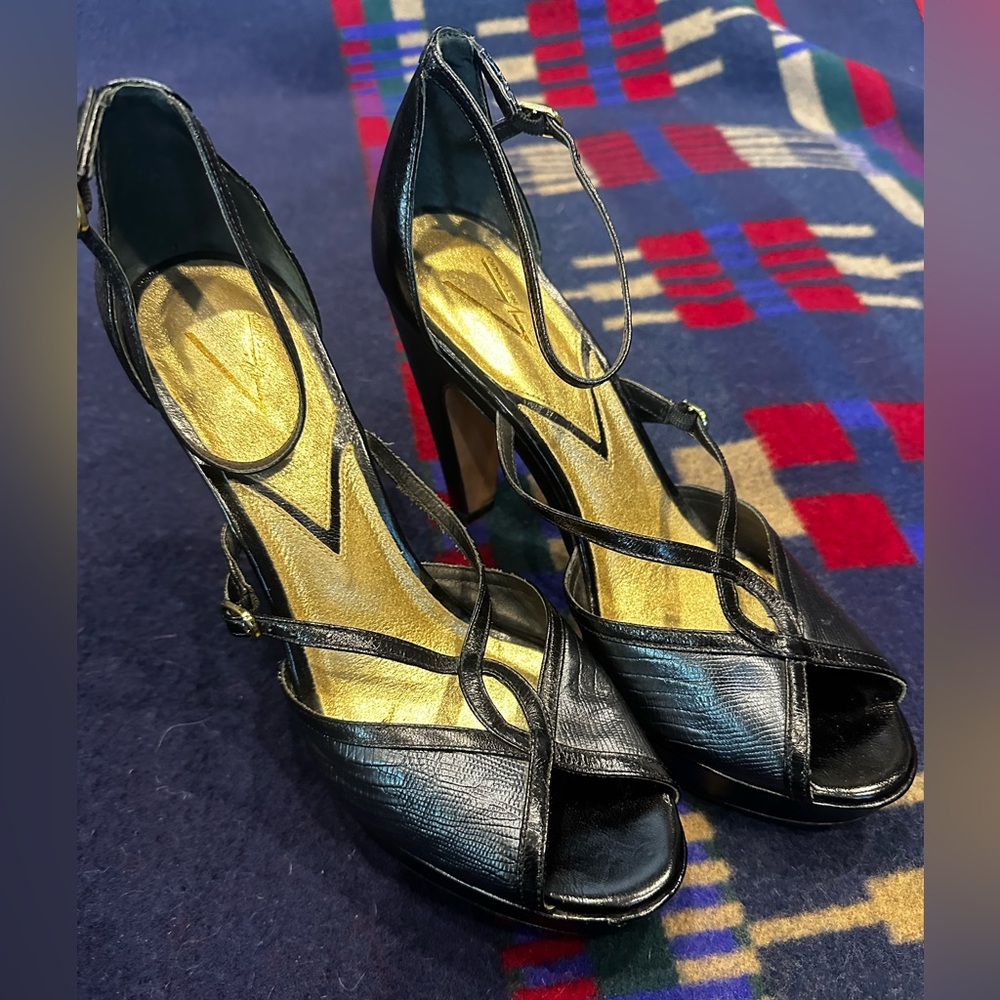Vince Camuto Black and Gold Strappy Heels